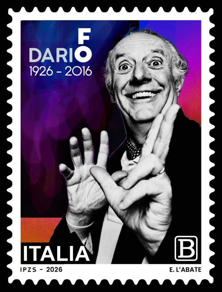 Sello postal dedicado a Dario Fo en el centenario de su nacimiento