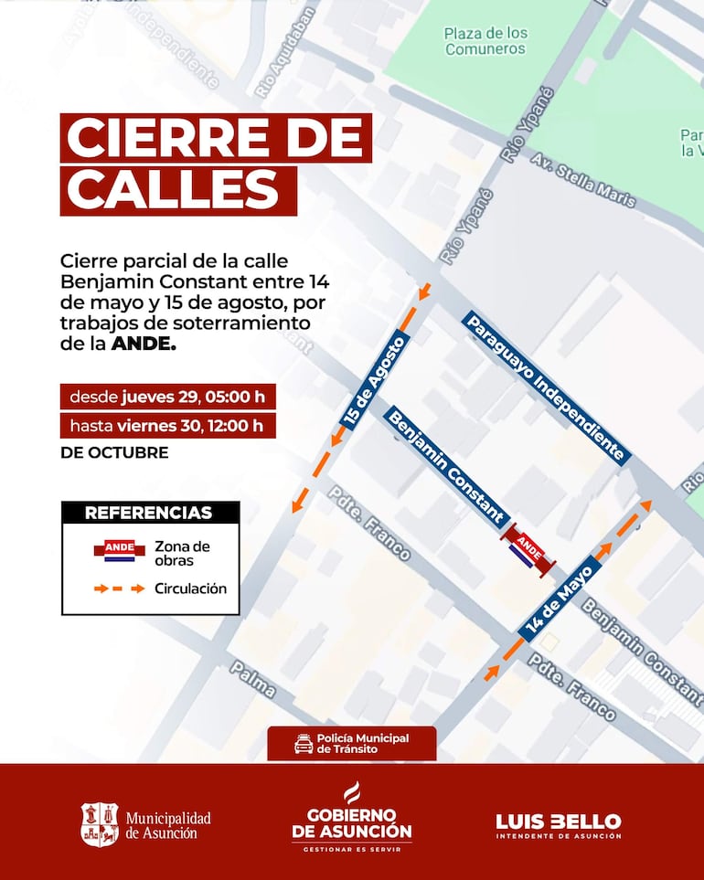 Mapa anunciando cierre de calles en Asunción, con texto destacando fechas y zonas afectadas.