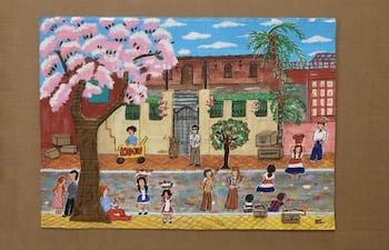 Ilustración vibrante con árbol de flores rosa y personas de diversas vestimentas en una escena comunitaria alegre.