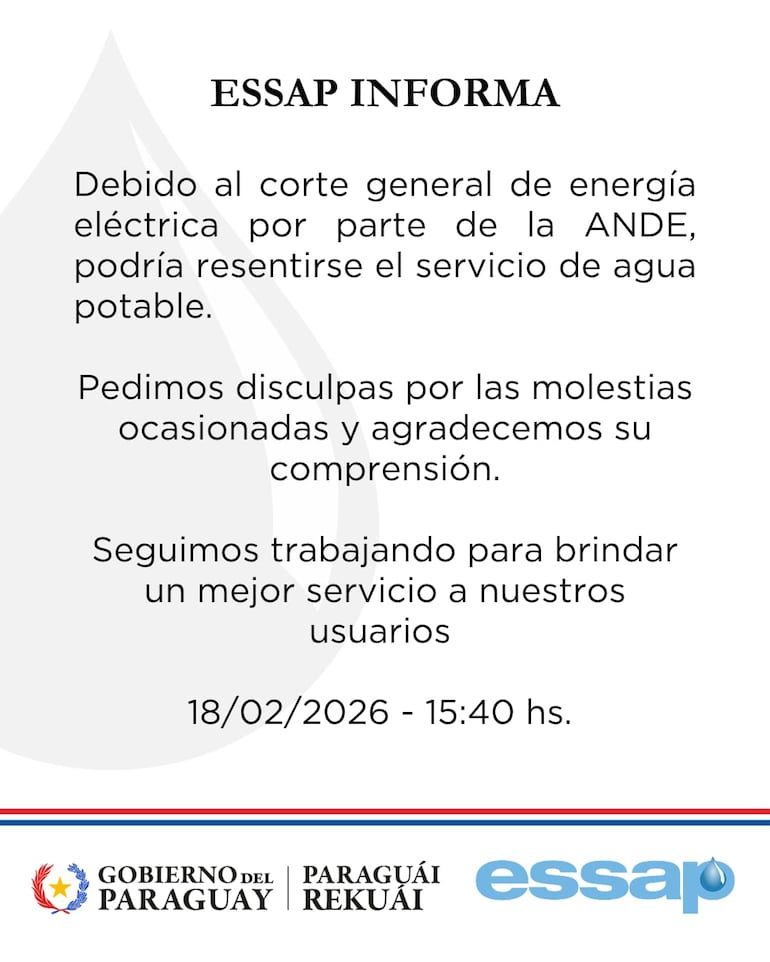 Comunicado de la Essap debido al corte de energía eléctrica
