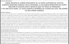 CARTA ABIERTA AL SEÑOR PRESIDENTE DE LA CORTE SUPREMA DE JUSTICIA, ALBERTO MARTÍNEZ SIMON Y EN SU PERSONA, A LOS DEMÁS MINISTROS DE CORTE.