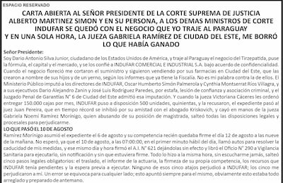 CARTA ABIERTA AL SEÑOR PRESIDENTE DE LA CORTE SUPREMA DE JUSTICIA, ALBERTO MARTÍNEZ SIMON Y EN SU PERSONA, A LOS DEMÁS MINISTROS DE CORTE.