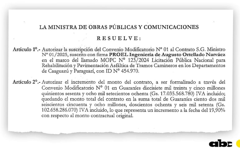 Documento oficial del Ministerio de Obras Públicas con texto impreso sobre convenios y montos en guaraníes.