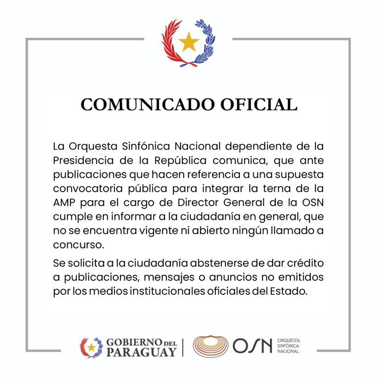 Imagen del comunicado emitido hoy por la Orquesta Sinfónica Nacional (OSN), a raíz del llamado a concurso realizado por la AMP.