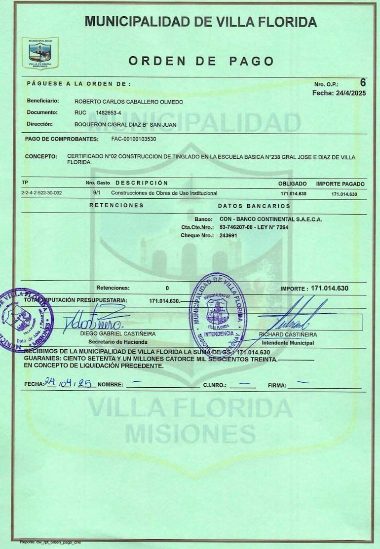 Documento oficial de la Municipalidad con sellos que validan la orden de pago a Roberto Carlos Caballero Olmedo.