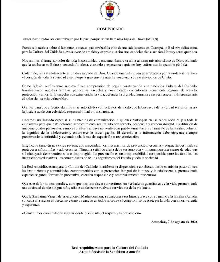 Comunicado de la Arquidiócesis de la Santísima Asunción con detalles del trágico suceso relacionado con la vida de una adolescente.