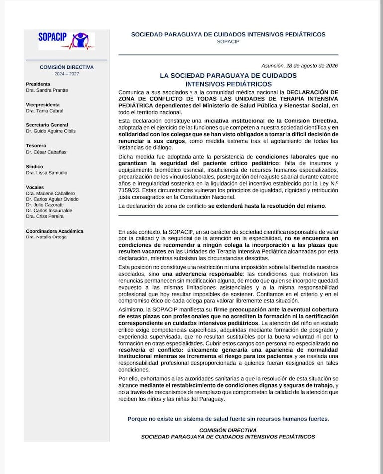 Comunicado oficial de SOPACIP que declara zona de conflicto en unidades de terapia intensiva pediátrica.