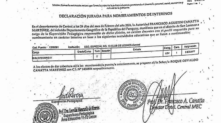 El pedido del director departamental de Central, Francisco Canatta, para colocar a su hermano, Roque Osvaldo Canatta, en una escuela de Luque.