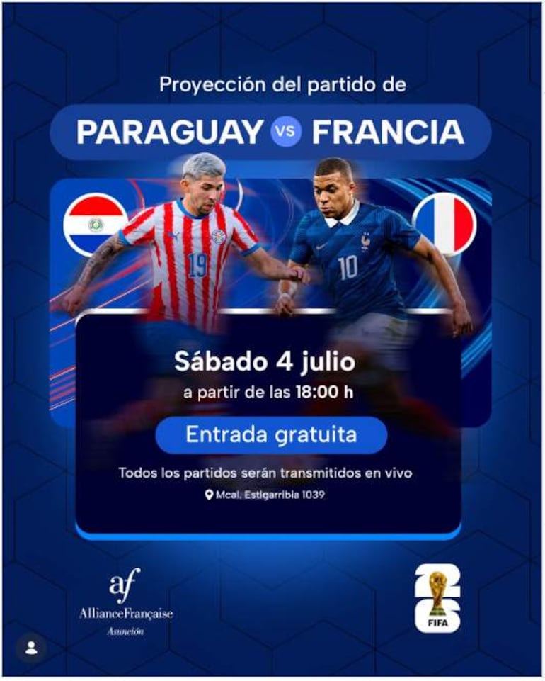 Anuncio gráfico de la proyección del partido, con jugadores de Paraguay y Francia junto a sus banderas en colores vibrantes.