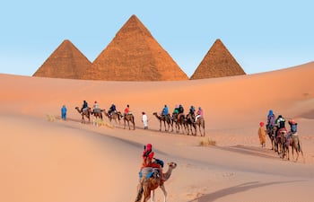 Un grupo de turistas en camello, complejo de la pirámide de Giza, El Cairo, Egipto.
