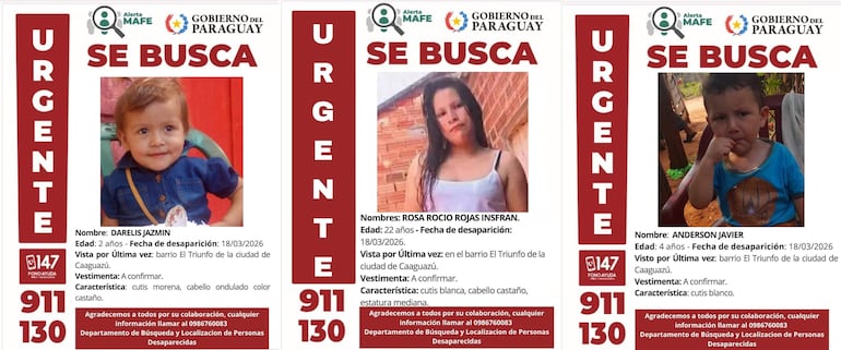 Carteles de búsqueda con fotos de Rosa Rocío, Darelís y Anderson, con detalles de su desaparición y un llamado urgente a la comunidad.