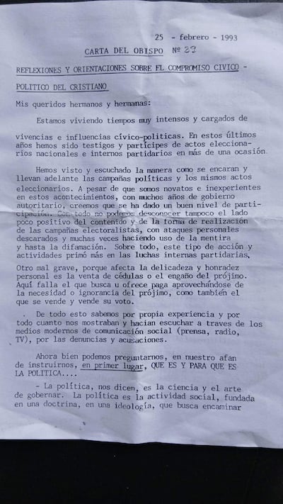 Documento impreso sobre el compromiso cívico-político del cristiano, con el encabezado 'Carta del Obispo' y fecha 25 de febrero de 1993.