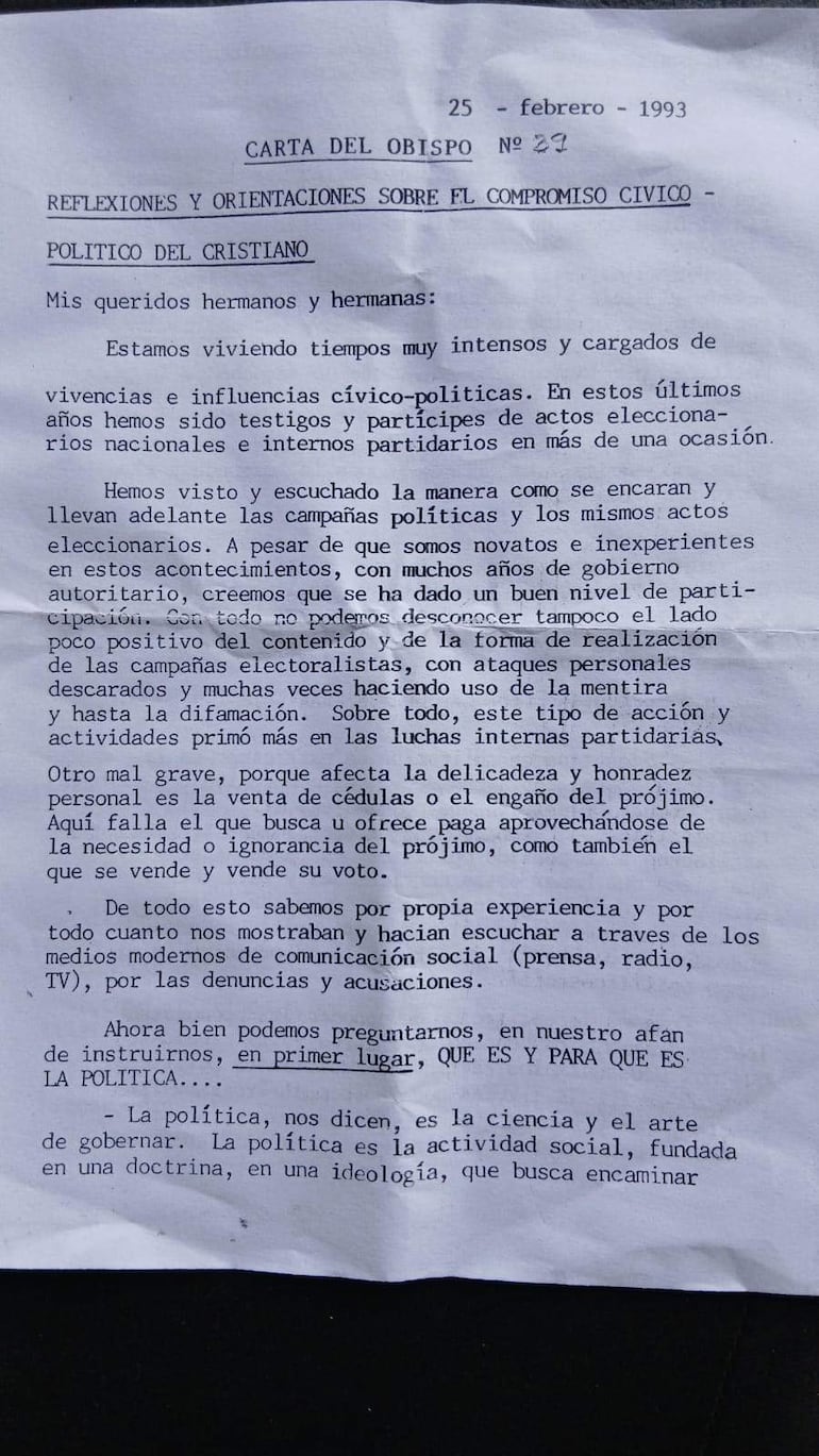 A 33 años de una carta pastoral que sigue vigente en la política paraguaya
