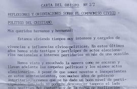 Documento impreso sobre el compromiso cívico-político del cristiano, con el encabezado 'Carta del Obispo' y fecha 25 de febrero de 1993.
