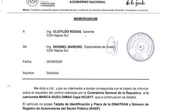Memo remitido por Diosnel Bareiro al entonces gerente del Centro de Desarrollo Agropecuario (CDA) zona sur de la Dirección de Extensión Agraria (DEAg) del ministerio de Agricultura.
