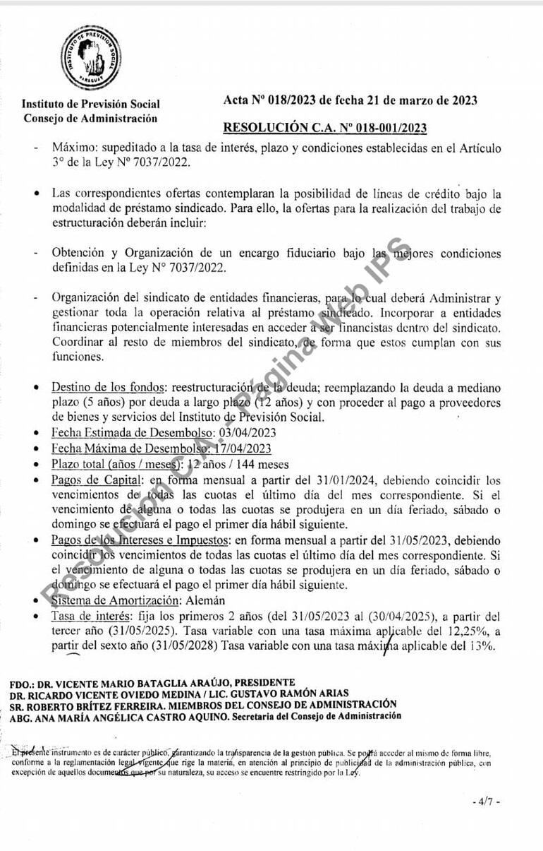 Resolución del Consejo de Administración del IPS que aprueba la gestión de nuevas líneas de crédito para el pago a proveedores.
