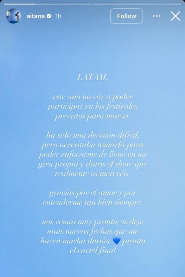 El mensaje publicado por la cantante Aitana en sus historias de Instagram.