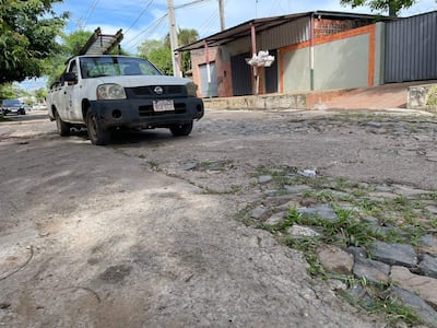 Camioneta blanca Nissan estacionada sobre pavimento irregular en la calle Joel Estigarribia, sin personas visibles en el entorno.