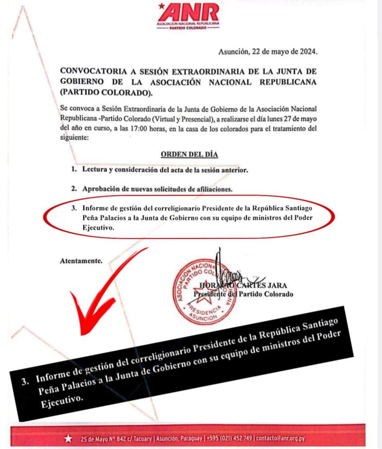 Convocatoria a sesión extraordinaria de la Junta de Gobierno para rendición de cuentas del presidente Santiago Peña-