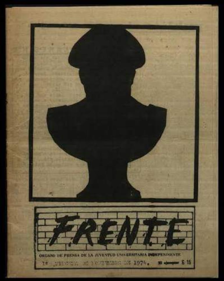 Portada del periódico 'FRONTE' con texto sobre la juventud universitaria independiente y elementos gráficos en silueta.