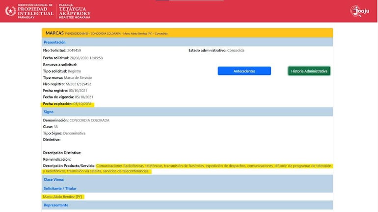 Documento de registro con texto legal sobre la marca Concordia Colorada, sin rostros ni expresiones visibles.