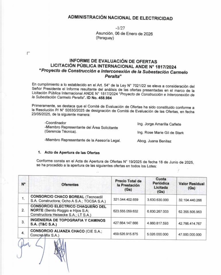 Los precios ofertados en el informe de reevaluación de la ANDE.