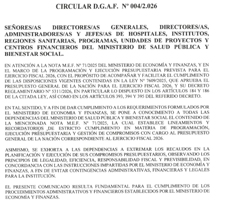 Circular del Ministerio de Salud por el que se instruye a directores de hospitales.