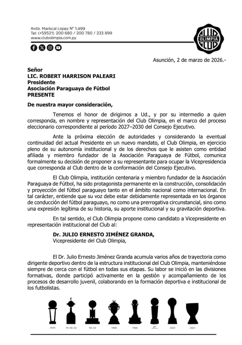 La propuesta oficial de Olimpia por Julio Jiménez para la vicepresidencia de la Asociación Paraguaya de Fútbol.