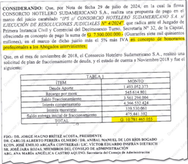 Parte de la resolución del Consejo  del IPS en la cual se hace mención del pago de los honorarios profesionales a los abogados intervinientes.