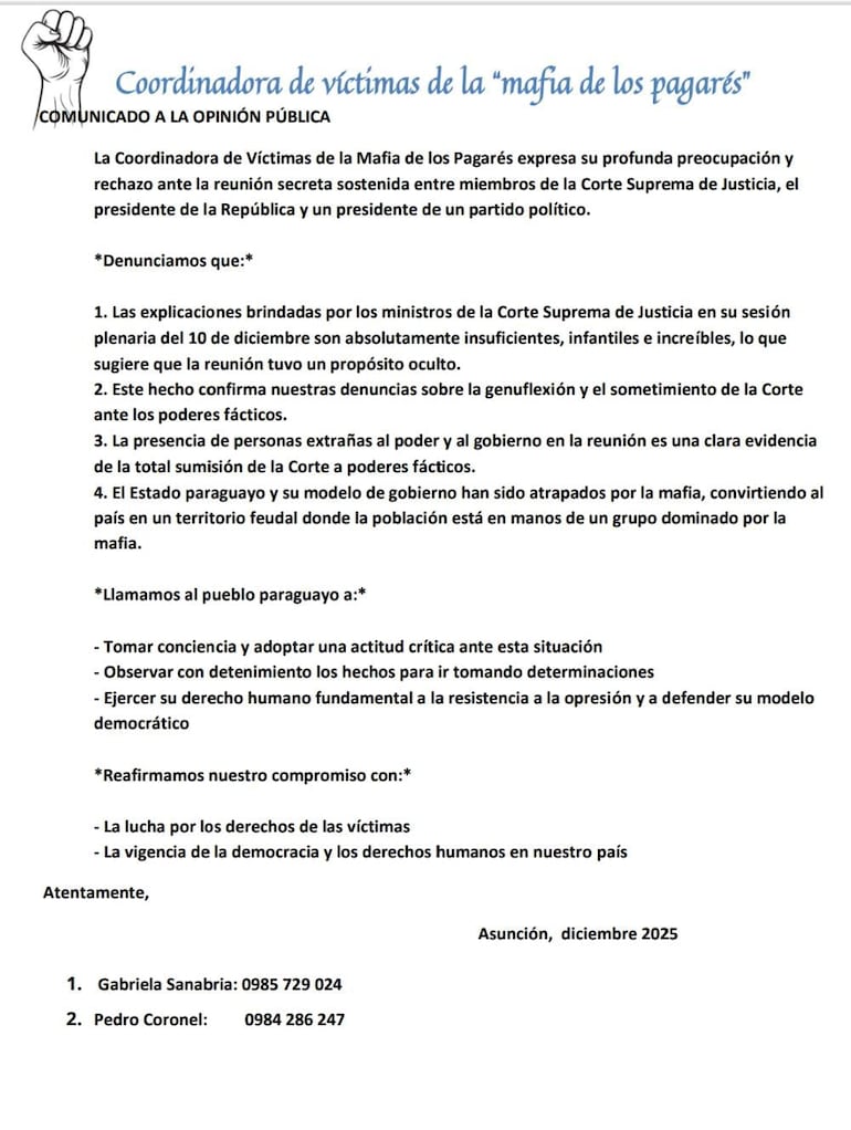 Comunicado de la Coordinadora de Víctimas de la Mafia de los Pagarés sobre explicación de los ministros de la Corte de la reunión con Santiago Peña.