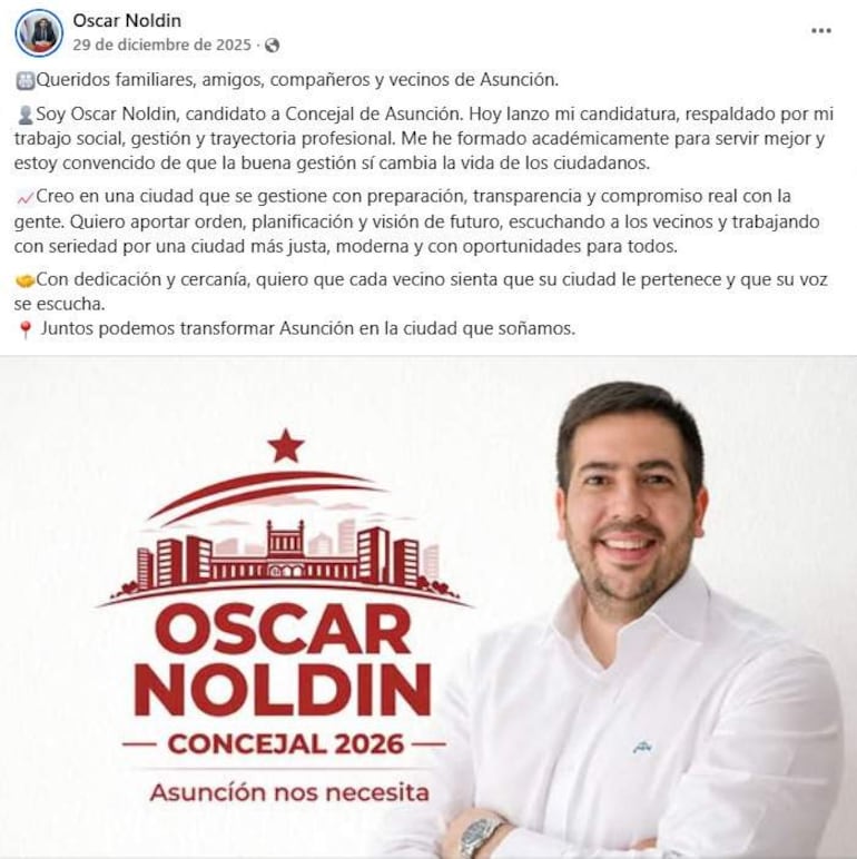 Oscar Noldin, candidato a concejal, sonríe en primer plano con camisa blanca y fondo gráfico de elementos arquitectónicos.