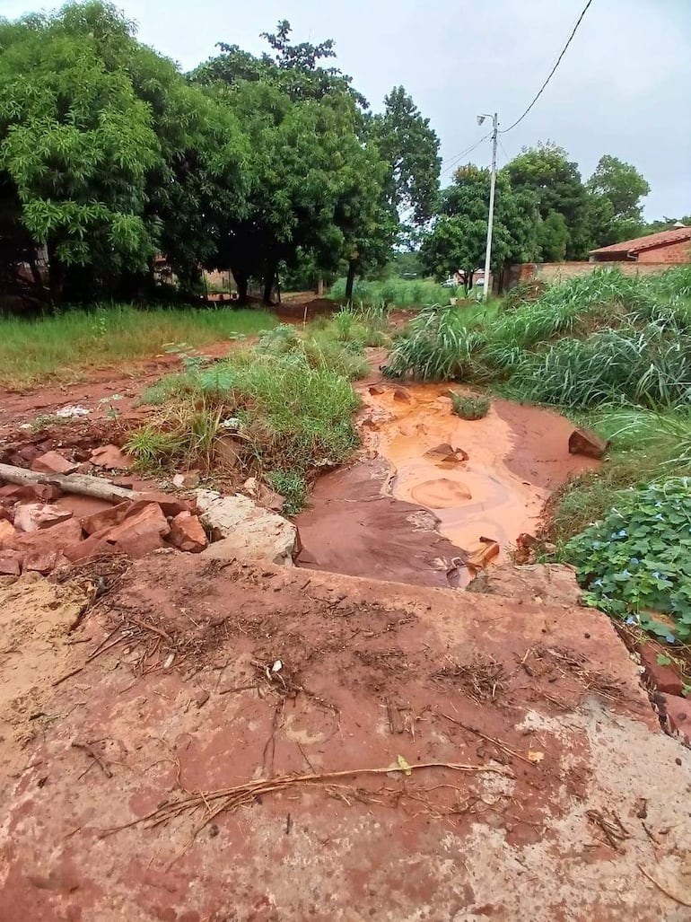 Entorno rural con arroyo marrón rodeado de vegetación; caminos de tierra con restos de tierra y ramas.