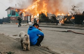 Un hombre observa casas afectadas por incendios forestales este domingo, en Penco, Chile.