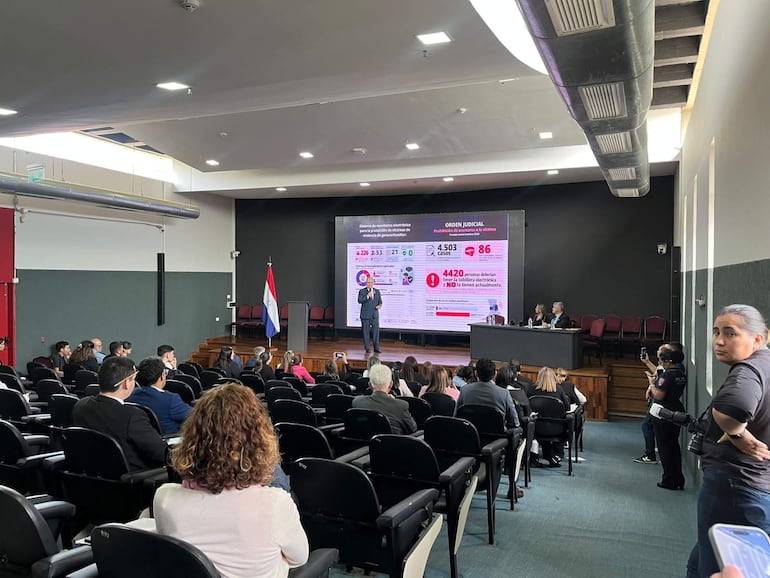 Enrique Riera de pie en auditorio, con expresiones serias. Público atento, pantalla al fondo muestra datos sobre violencia de género.