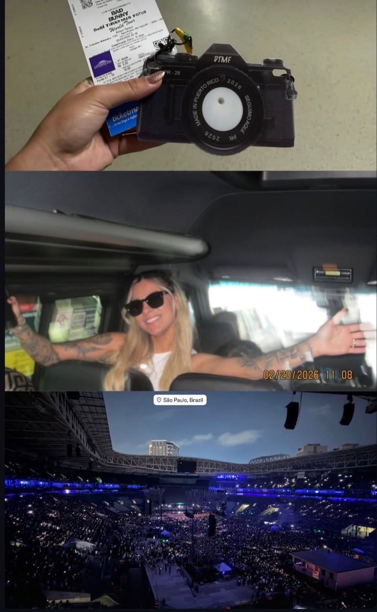 Tatiana "La rubia" Marset muestra imágenes sobre su asistencia al concierto de Bud Bunny, que se realizó en el estadio Alianz Parque de Sao Paulo, en febrero de 2026.