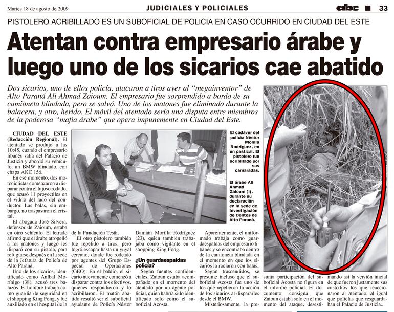 El suboficial ayudante Néstor Damián Morilla Rodríguez fue abatido en 2009, luego de intentar matar a un empresario en un caso de sicariato.