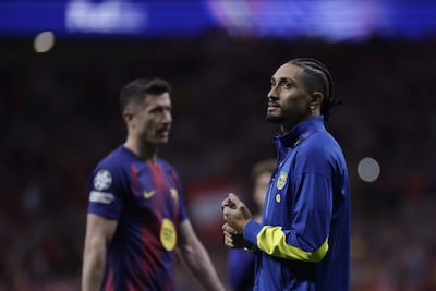 El delantero brasileño del FC Barcelona, Raphinha (29 años) al finalizar el partido de vuelta de cuartos de final de Liga de Campeones, con clasificación del Atlético Madrid.