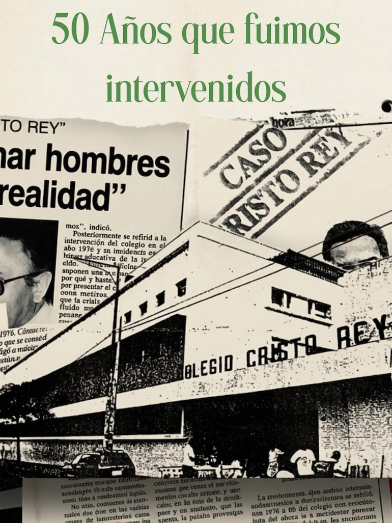 Collage de recortes de prensa y fotografía en blanco y negro del edificio del Colegio Cristo Rey en un contexto histórico.