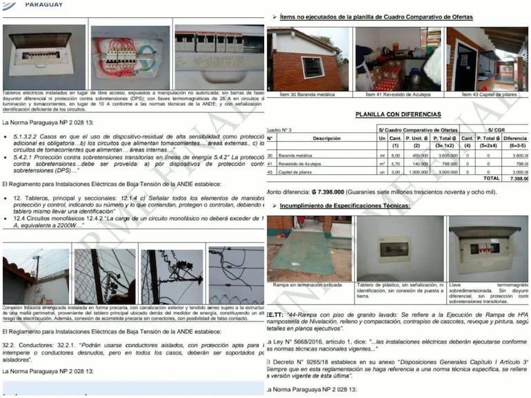 Documentos técnicos con tablas de oferta de elementos eléctricos y sumas financieras relacionadas.