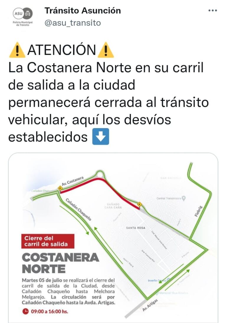 Anuncio del cierre de una parte de la Costanera Norte, desde las 9:00.
