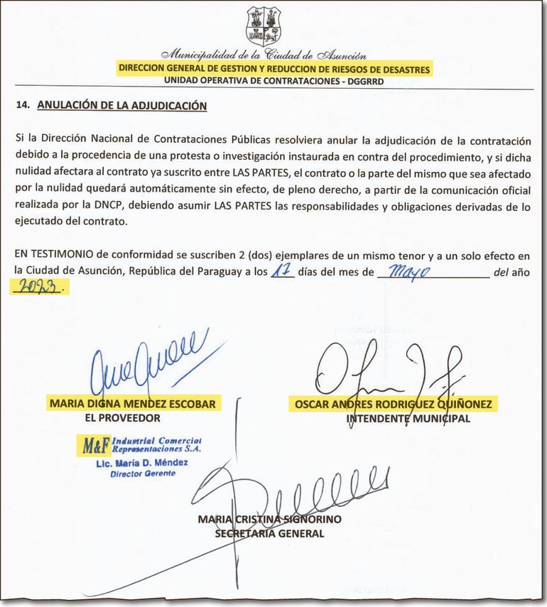 En el contrato con M&F Industrial y Comercial, se puede ver que el intendente Óscar Rodríguez firmó al lado de María Digna Mendez, pero él dice que ni la conoce. Ambos están imputados.