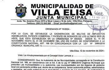 La Ordenanza N° 15/24 de la Junta Municipal de la localidad de Villa Elisa que exonera de multas a los contribuyentes morosos.