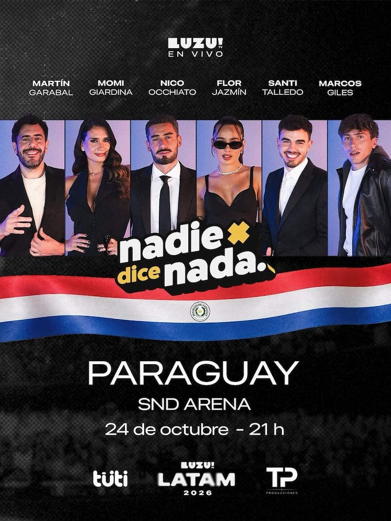 Seis personas en trajes oscuros sonríen para la foto, con fondo negro y colores de la bandera paraguaya.