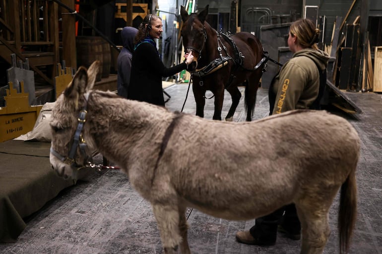 La regidora Hester Warren-Steijn (izq.) acaricia a Max, el caballo, entre bambalinas antes de una presentación de La Bohème en el MET Opera de la ciudad de Nueva York, el 6 de diciembre de 2025.