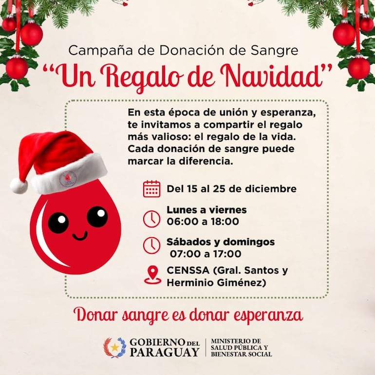 Salud insta a donar sangre en Navidad para garantizar atención en hospitales