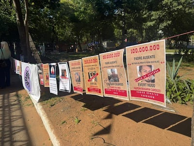 Carteles en un parque sobre deudores alimentarios, con textos en guaraní. Sin personas visibles en la imagen.