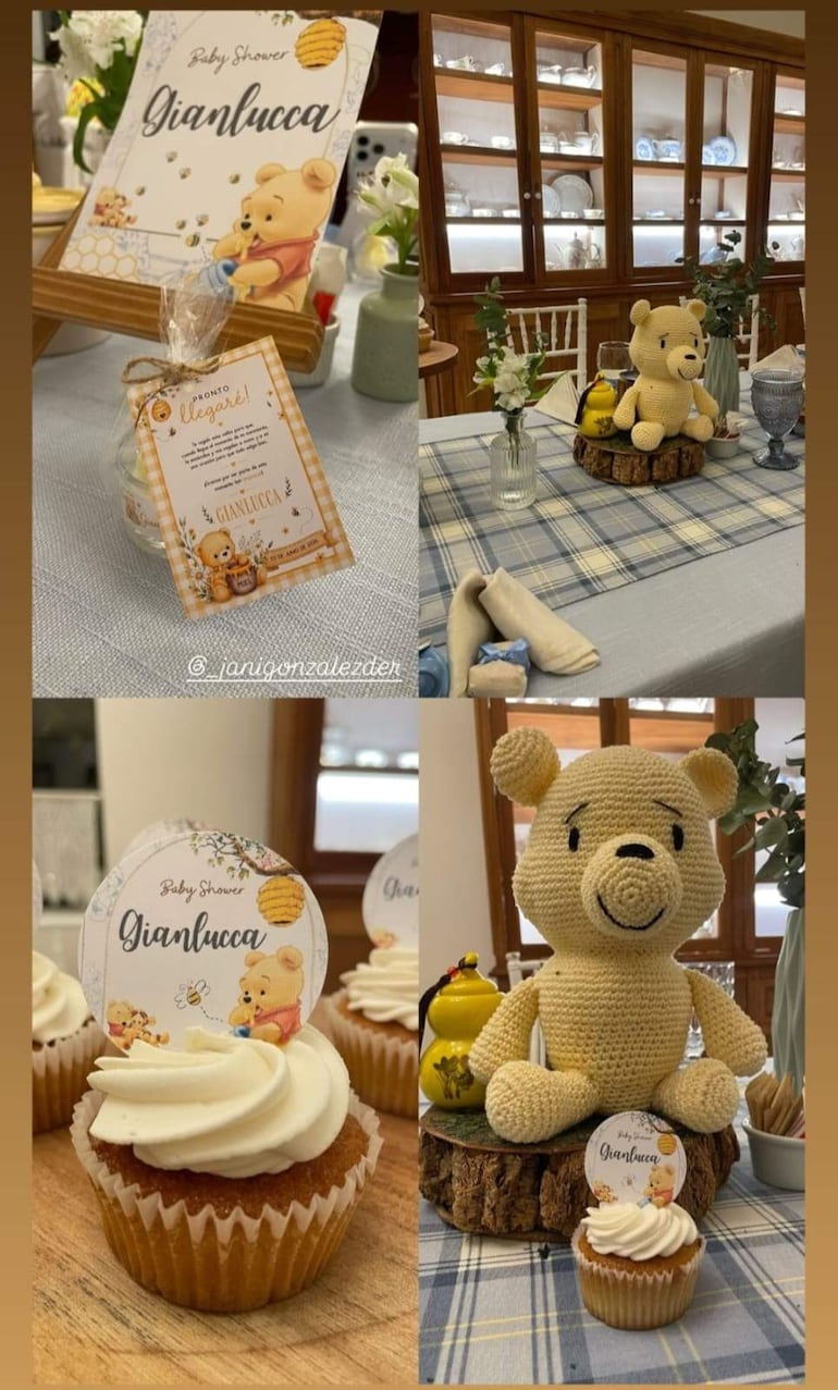 Decoración festiva para el baby shower de Gianlucca, con cupcakes decorados y centro de mesa con oso de peluche amarillo.
