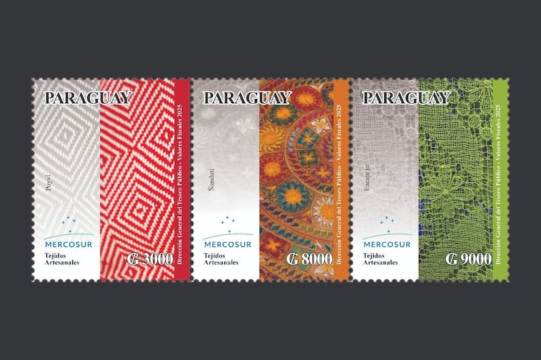 Los tres tejidos típicos paraguayos en las estampillas de homenaje.