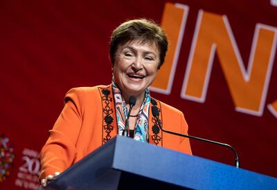 La directora del FMI, Kristalina Georgieva, durante la apertura y primer día de reunión conjunta del organismo con el Banco Mundial, en Marruecos. (AFP