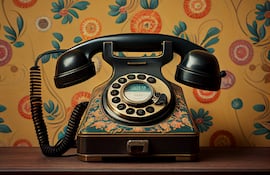 Teléfono de disco antiguo sobre mesa de madera.